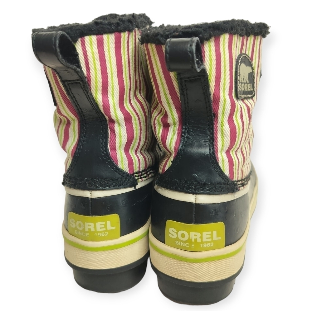 SOREL Tivoli Rubber Pink Green Striped Youth 4 Winter Duck Boots Faux Fur Trim - Picture 12 of 15